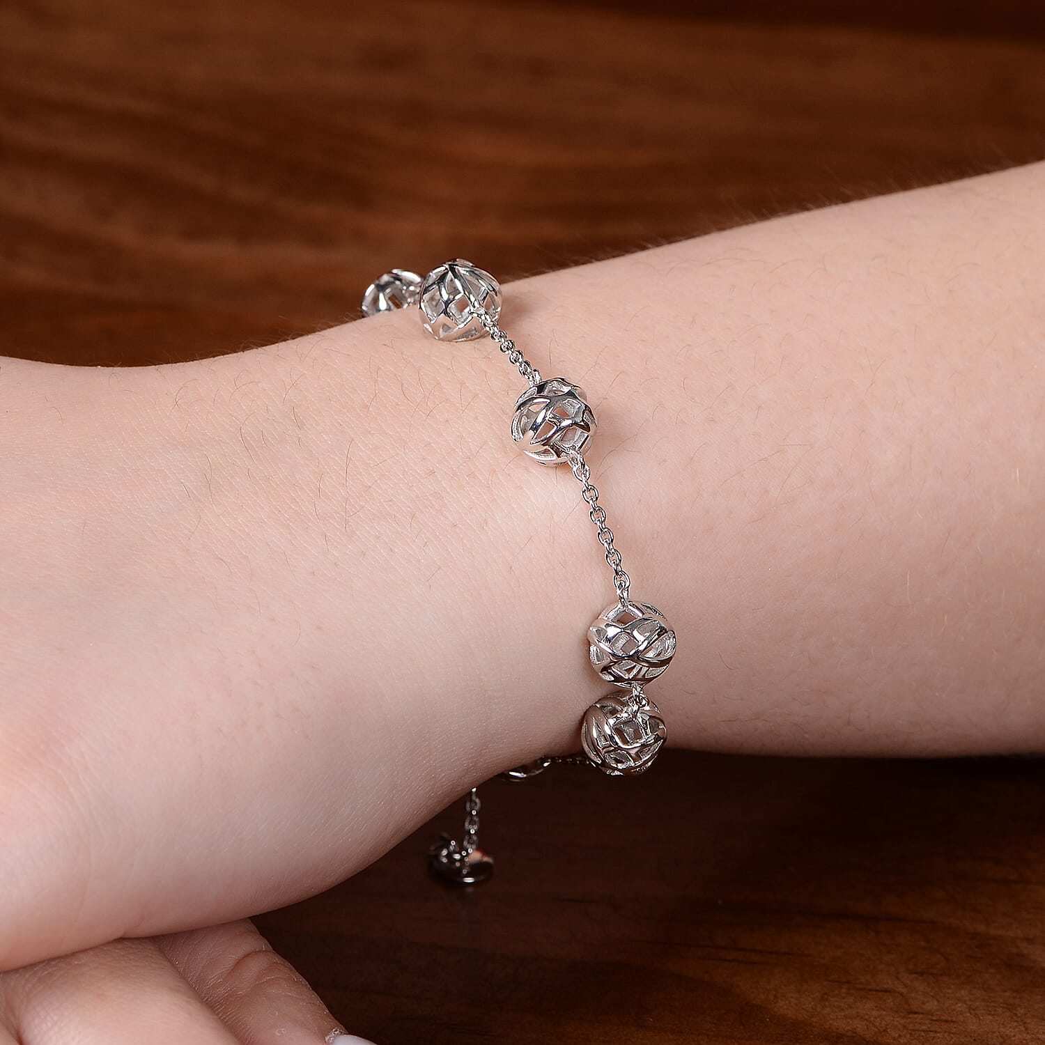 RACHEL GALLEY Lotus Globe Collection - Rhodium Overlay Sterling Silver Adjustable Bracelet (Size - 7/7.5/8)