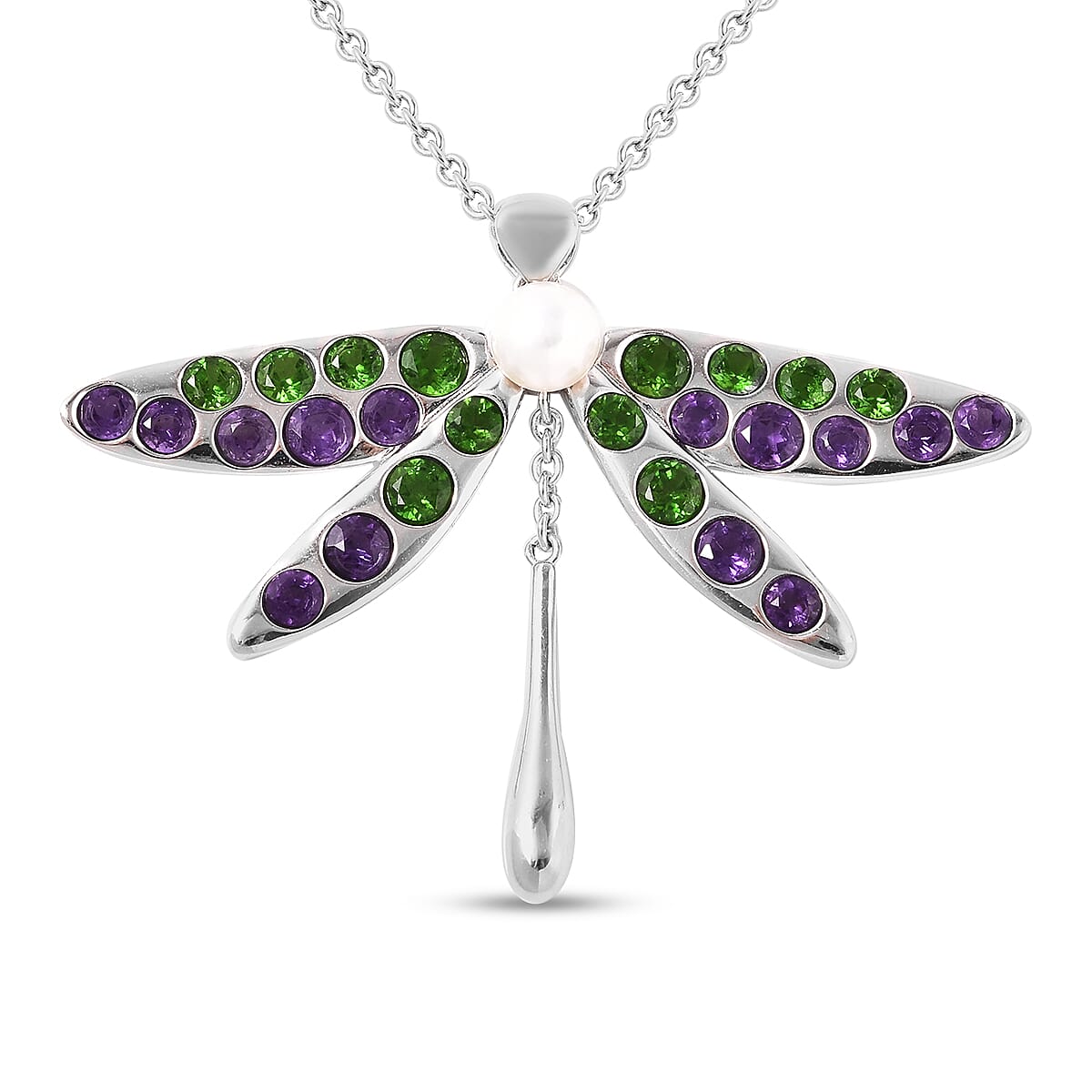 LucyQ - White Freshwater Pearl, Chrome Diopside & Amethyst Dragonfly Pendant with Chain (Size 22-2 Ext) in Rhodium Overlay Sterling Silver 4.87 Ct