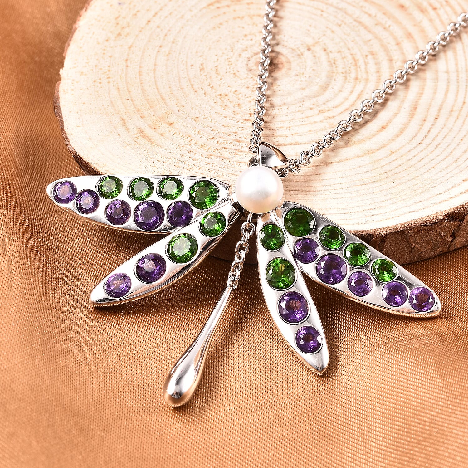 LucyQ - White Freshwater Pearl, Chrome Diopside & Amethyst Dragonfly Pendant with Chain (Size 22-2 Ext) in Rhodium Overlay Sterling Silver 4.87 Ct