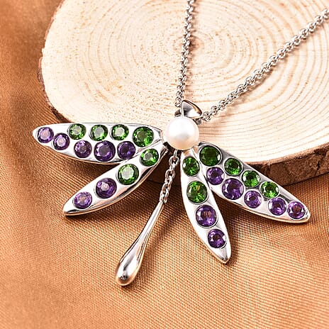 LucyQ - White Freshwater Pearl, Chrome Diopside & Amethyst Dragonfly Pendant with Chain (Size 22-2 Ext) in Rhodium Overlay Sterling Silver 4.87 Ct