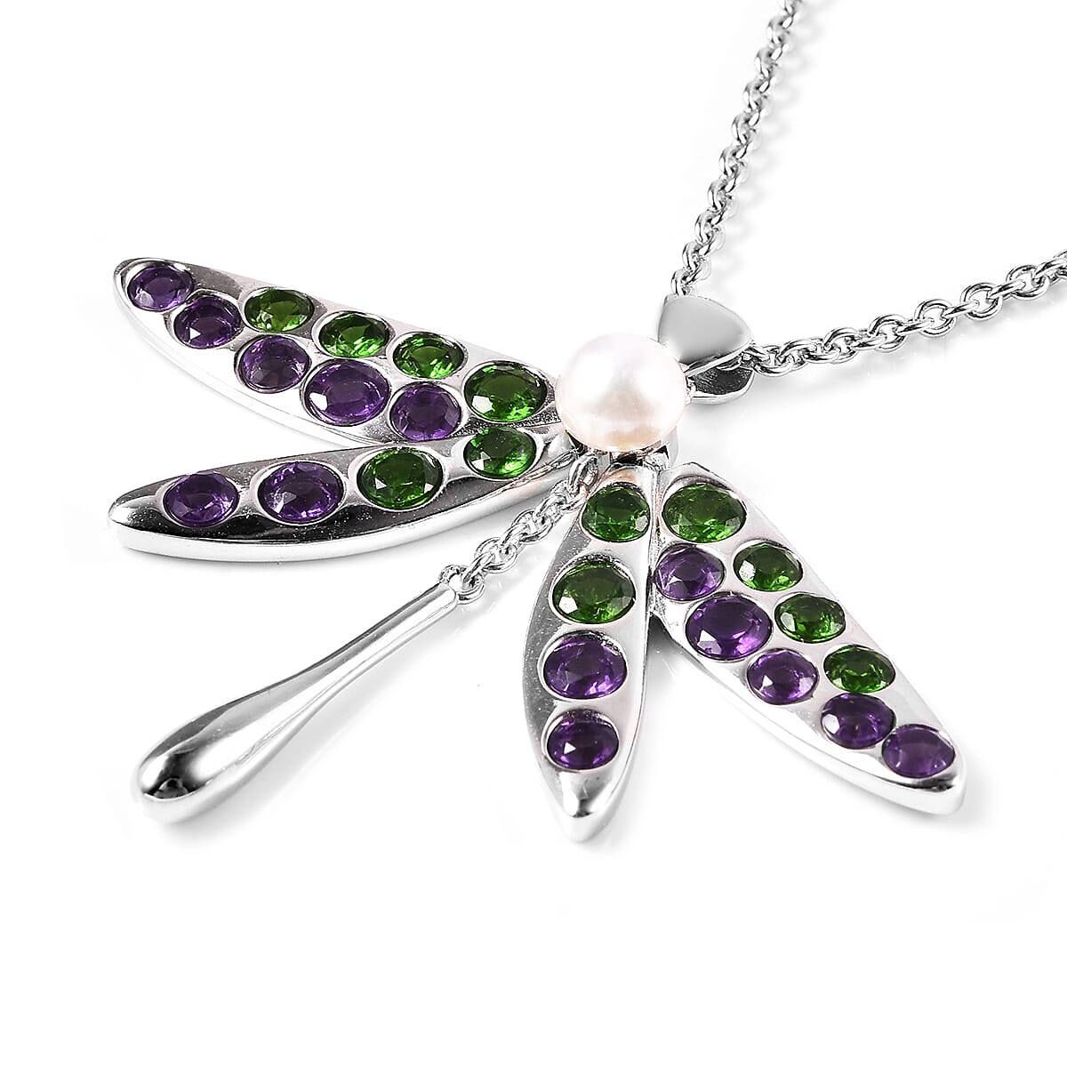 LucyQ - White Freshwater Pearl, Chrome Diopside & Amethyst Dragonfly Pendant with Chain (Size 22-2 Ext) in Rhodium Overlay Sterling Silver 4.87 Ct