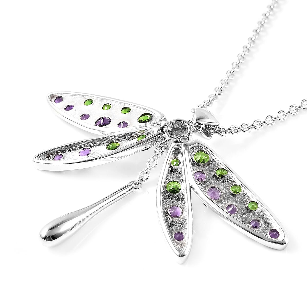 LucyQ - White Freshwater Pearl, Chrome Diopside & Amethyst Dragonfly Pendant with Chain (Size 22-2 Ext) in Rhodium Overlay Sterling Silver 4.87 Ct