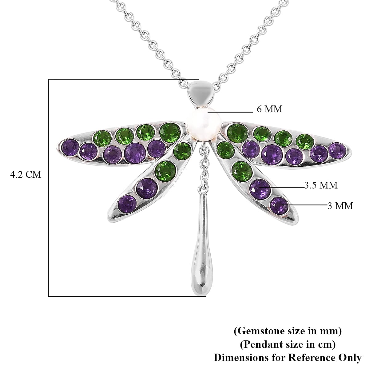 LucyQ - White Freshwater Pearl, Chrome Diopside & Amethyst Dragonfly Pendant with Chain (Size 22-2 Ext) in Rhodium Overlay Sterling Silver 4.87 Ct