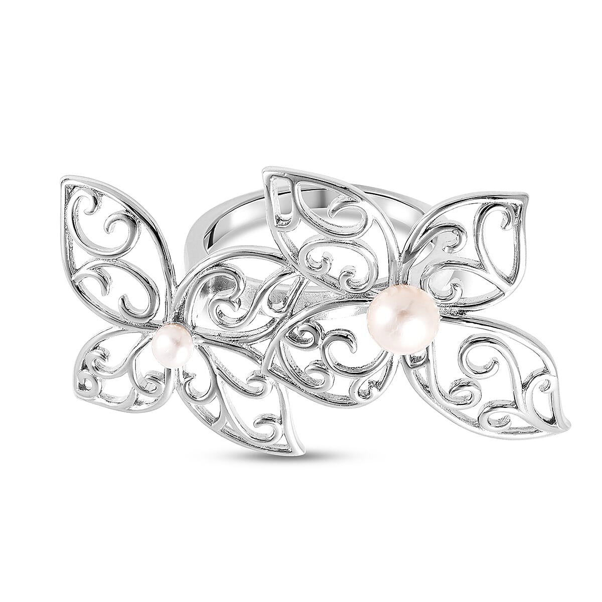 Lucy Q Filigree Collection - White Freshwater Pearl Flower Petal Ring in Rhodium Overlay Sterling Silver