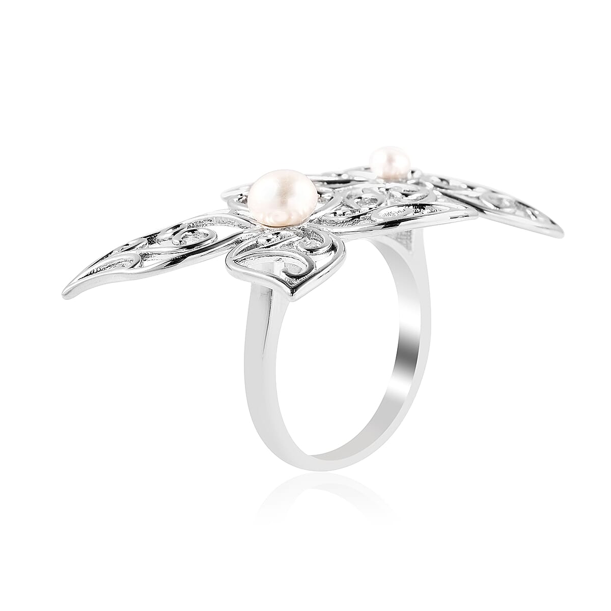 Lucy Q Filigree Collection - White Freshwater Pearl Flower Petal Ring in Rhodium Overlay Sterling Silver