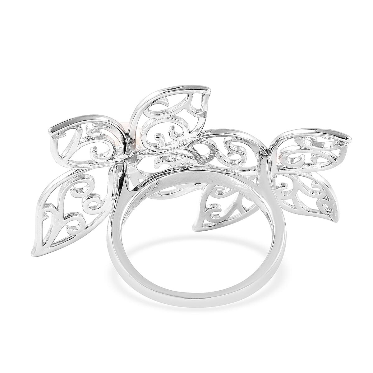 Lucy Q Filigree Collection - White Freshwater Pearl Flower Petal Ring in Rhodium Overlay Sterling Silver