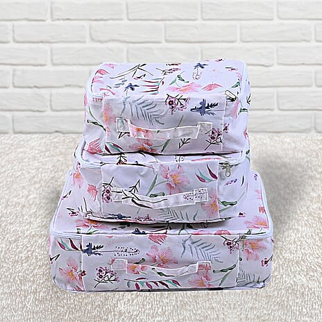Set of 3 - Floral Pattern Storage Bag (Size-29x20x13Cm, 30x27x13Cm, 40x30x13Cm) - Off White and Multi