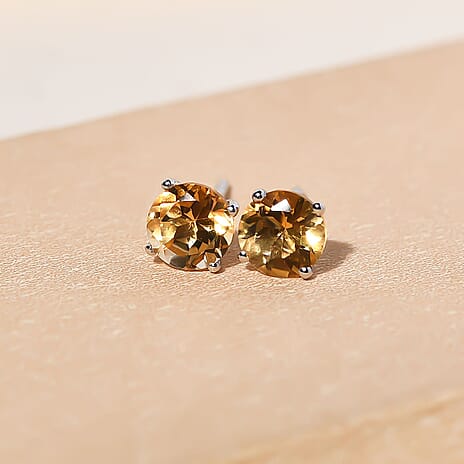 Citrine Stud Earrings in Platinum Overlay Sterling Silver 1.55 Ct.