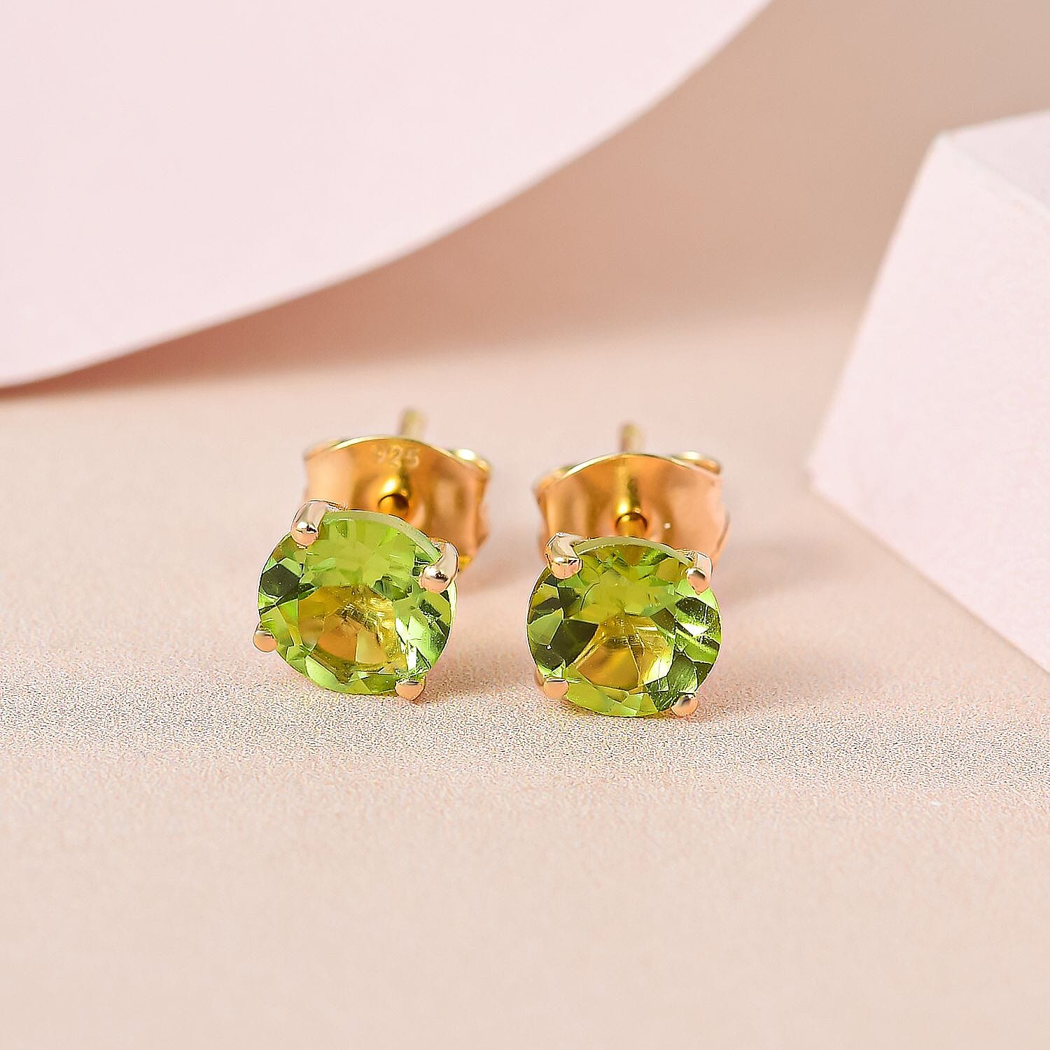 Hebei Peridot Stud Earrings with Push Back in 18K Vermeil Yellow Gold Plated Sterling Silver 1.75 Ct.