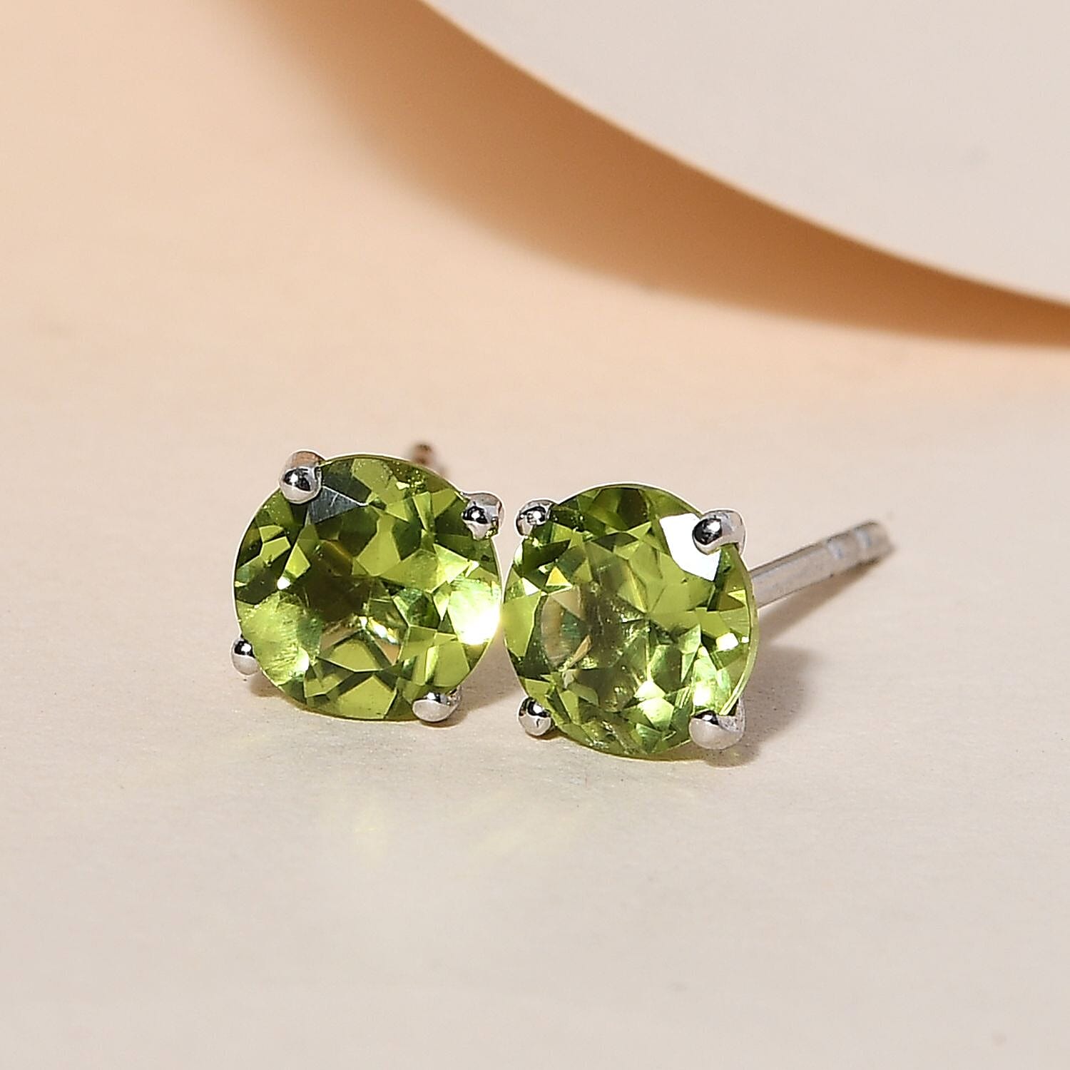 Hebei Peridot Stud Solitaire Earrings in Platinum Overlay Sterling Silver 1.65 Ct.