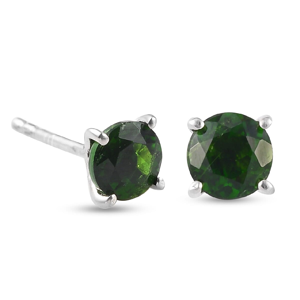 Chrome Diopside Solitaire Stud Earrings (with Push Back) in Platinum Overlay Sterling Silver