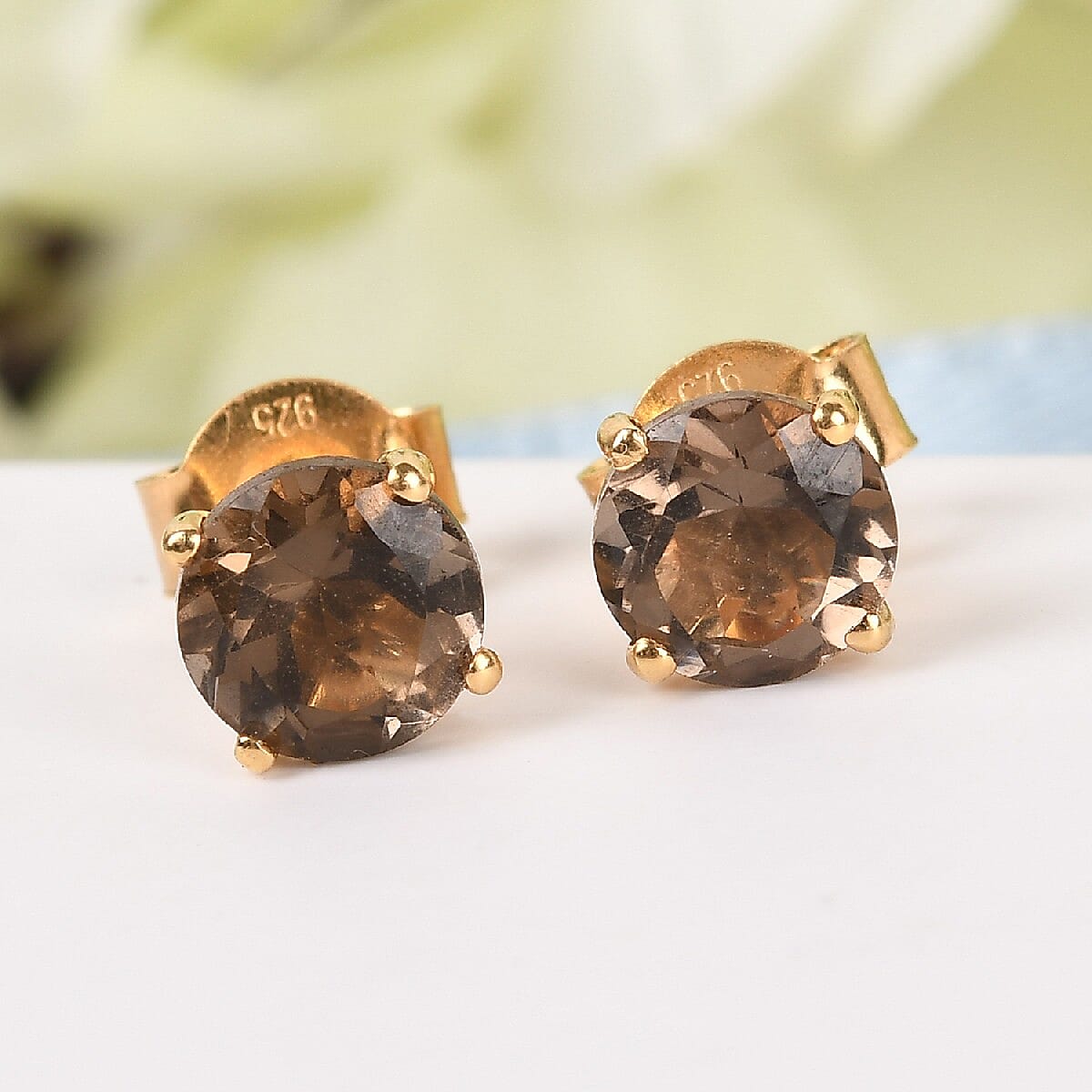 Smoky Quartz Stud Earrings (with Push Back) in 18K Yellow Gold Vermeil Plated Sterling Silver 1.58 Ct