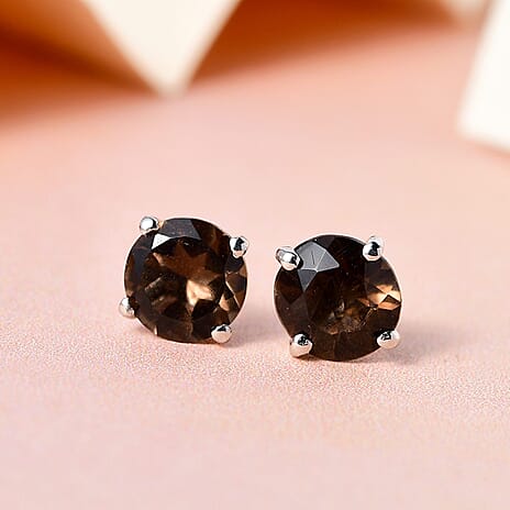 Smoky Quartz Solitaire Stud Earrings with Push Back in Platinum Overlay Sterling Silver 1.60 Ct.