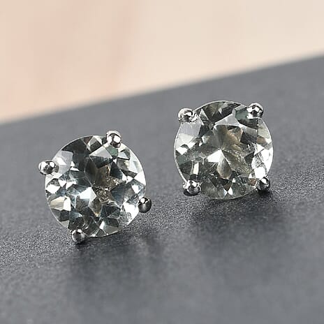 Prasiolite Solitaire Stud Earrings with Push Back in Platinum Overlay Sterling Silver 1.60 Ct.