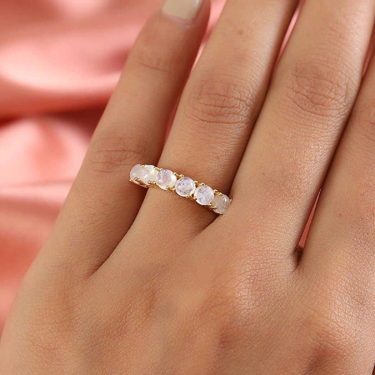 Rainbow Moonstone 7 Stone Look Ring in 18K Yellow Gold Vermeil Plated Sterling Silver 2.00 Ct