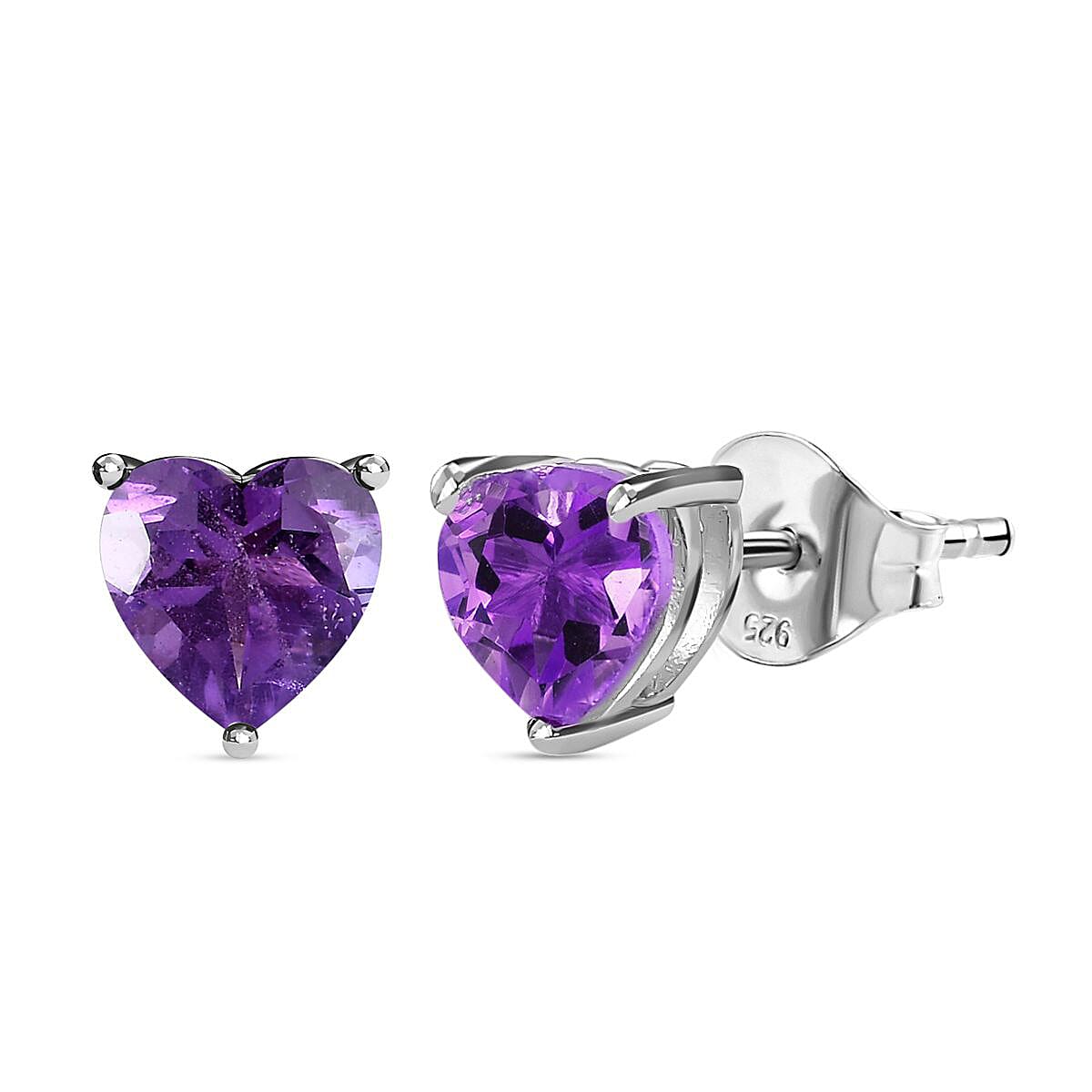 Amethyst Heart Stud Earrings with Push Back in Platinum Overlay Sterling Silver 1.40 Ct.