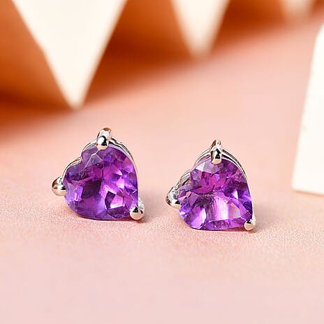 Amethyst Heart Stud Earrings with Push Back in Platinum Overlay Sterling Silver 1.40 Ct.