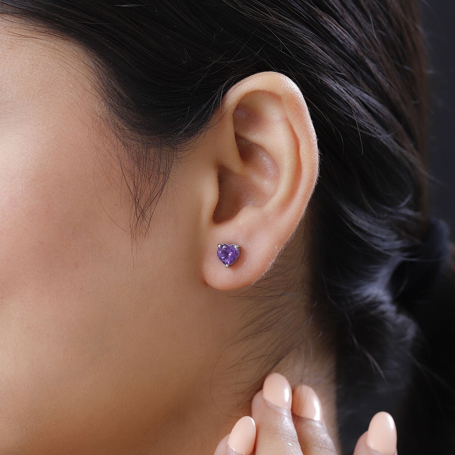 Amethyst Heart Stud Earrings with Push Back in Platinum Overlay Sterling Silver 1.40 Ct.