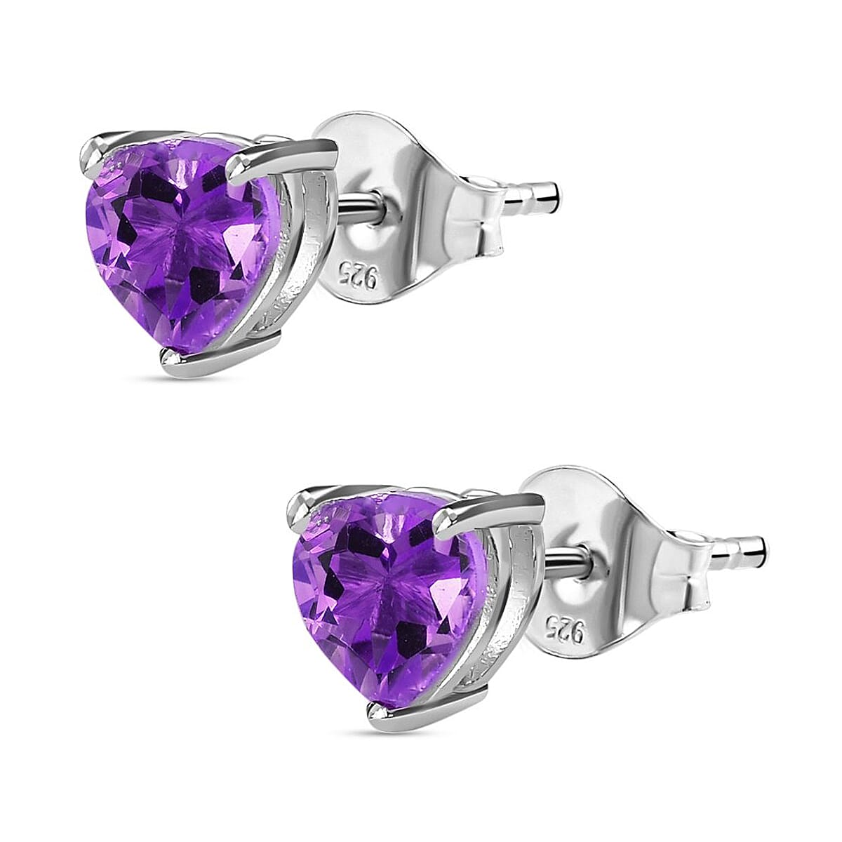 Amethyst Heart Stud Earrings with Push Back in Platinum Overlay Sterling Silver 1.40 Ct.