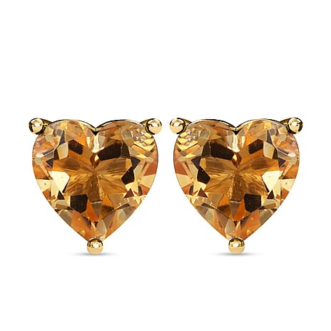 Citrine Heart Stud Push Post Earrings in 18K Vermeil Yellow Gold Plated Sterling Silver 1.35 Ct.