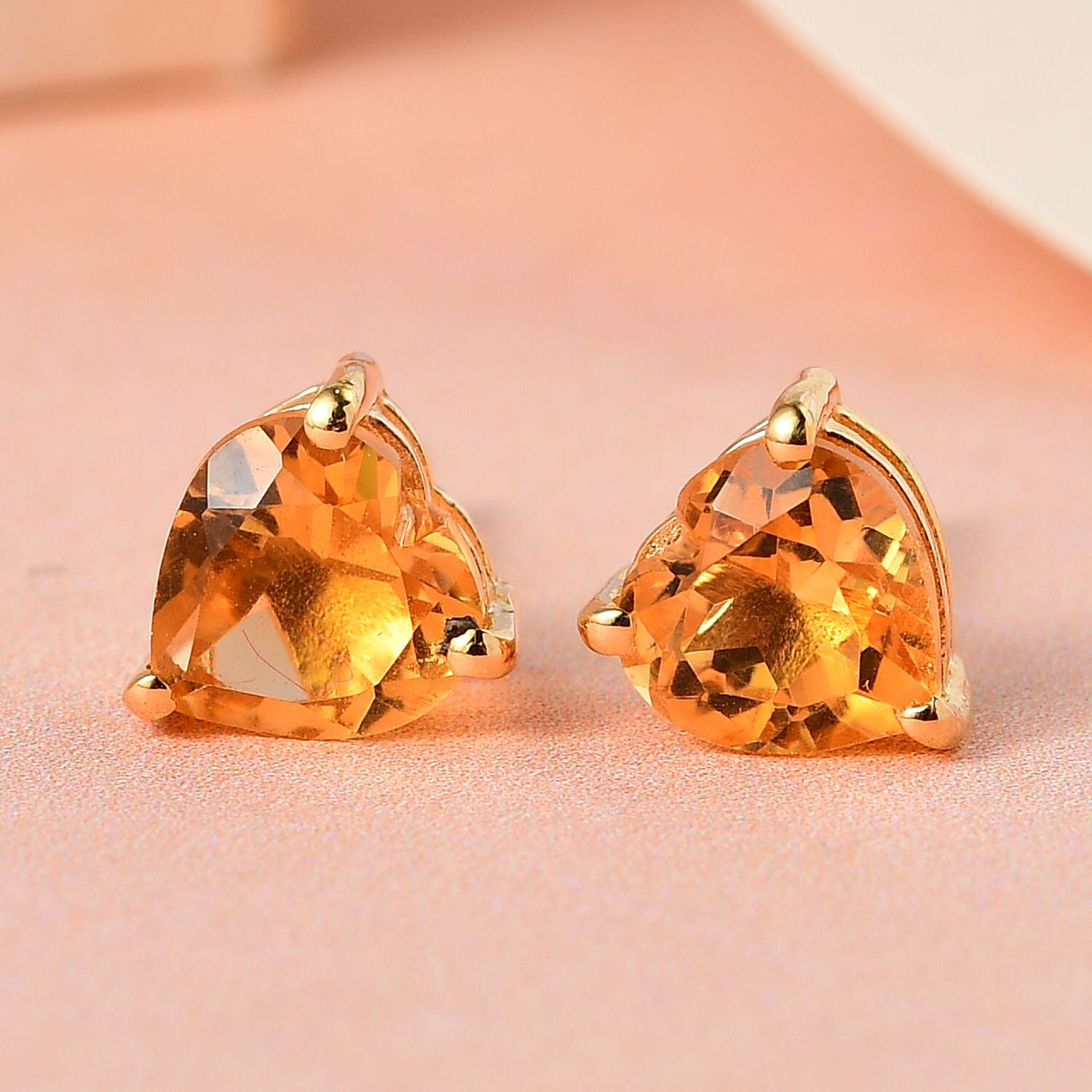 Citrine Heart Stud Earrings in 18K Vermeil Yellow Gold Plated Sterling Silver 1.31 Ct.