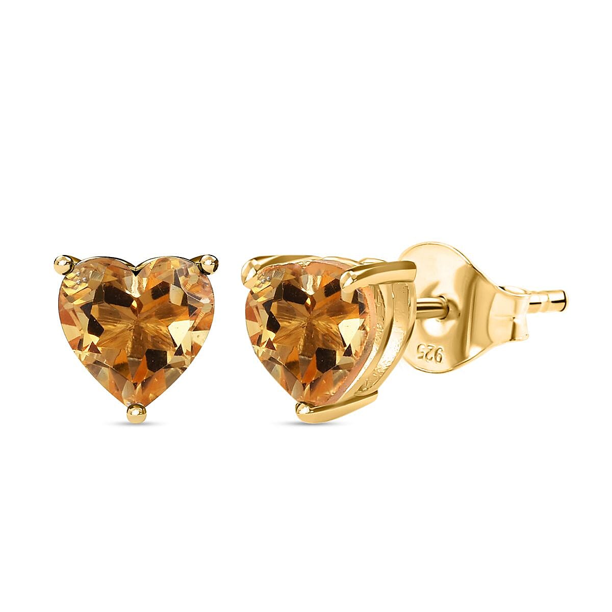 Citrine Heart Stud Earrings in 18K Vermeil Yellow Gold Plated Sterling Silver 1.31 Ct.
