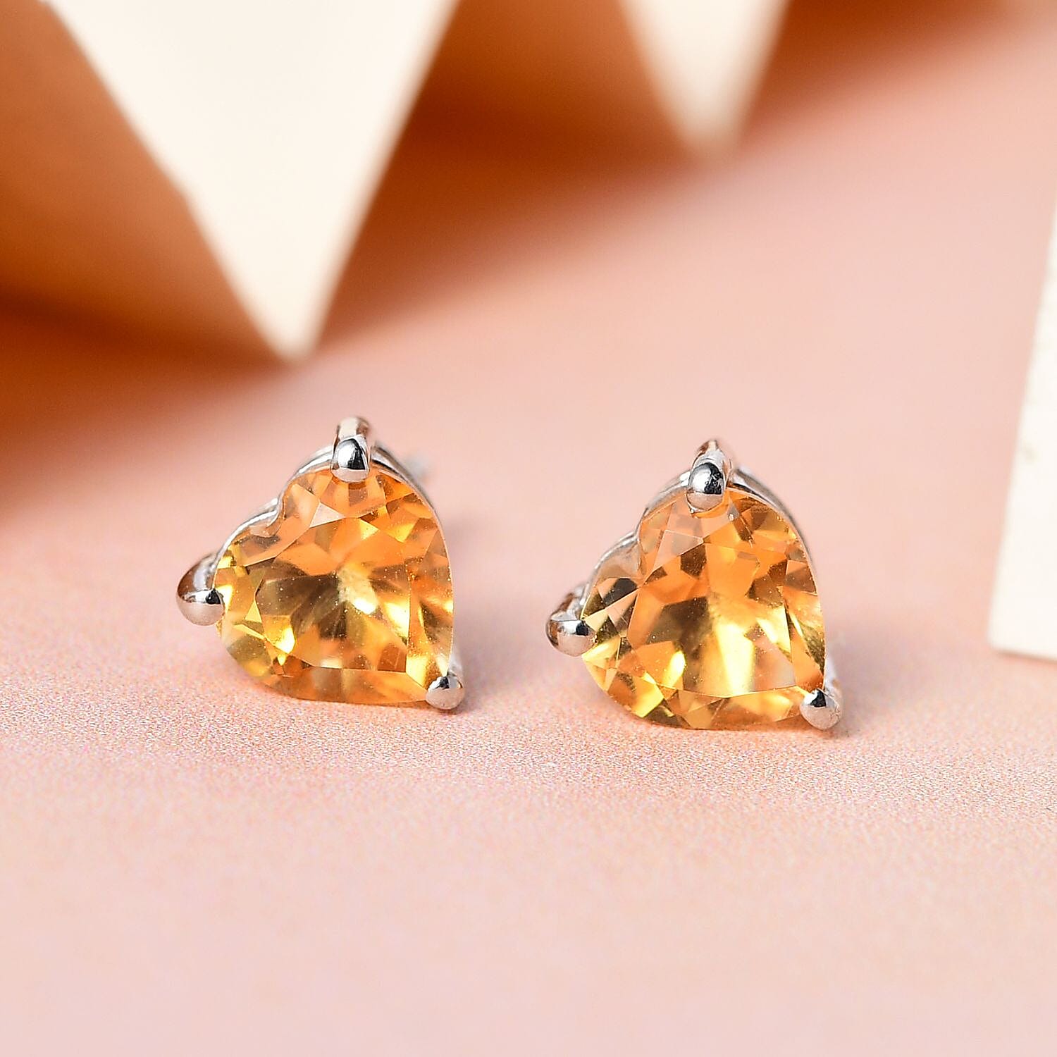 Citrine Heart Stud Earrings in Platinum Overlay Sterling Silver 1.35 Ct.