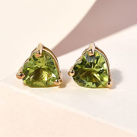 Hebei Peridot Stud Heart Earrings in 18K Vermeil Yellow Gold Plated Sterling Silver 1.38 Ct.