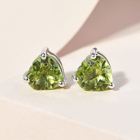Hebei Peridot Stud Heart Push Post Earrings in Platinum Overlay Sterling Silver 1.38 Ct.