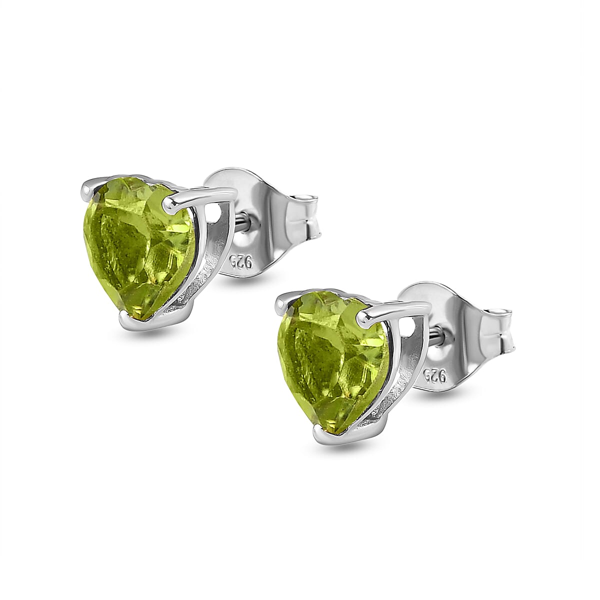 1.28 Peridot Heart Solitaire Earrings in Platinum Plated Sterling Silver