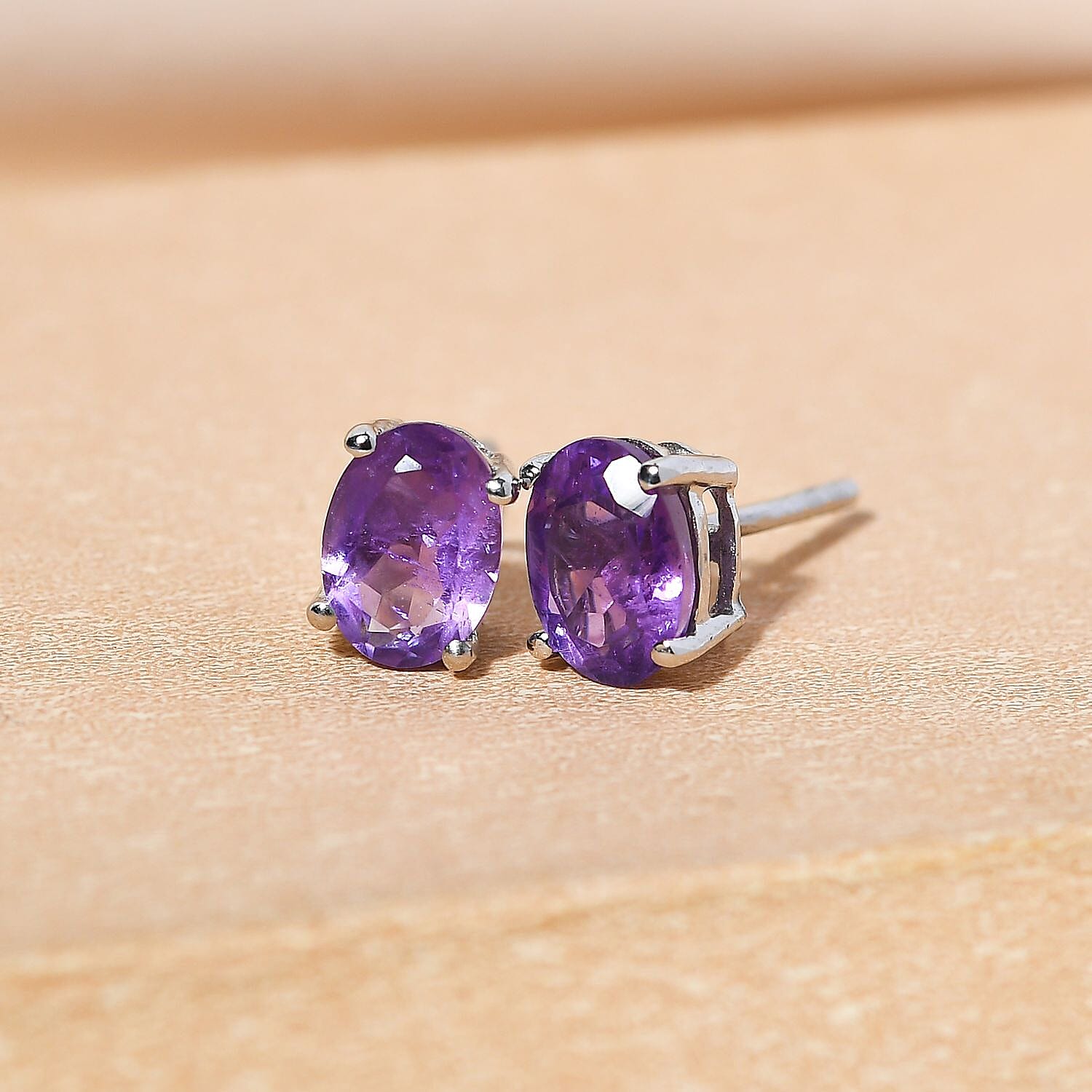 Amethyst Stud Earrings in Platinum Overlay Sterling Silver 1.49 Ct.