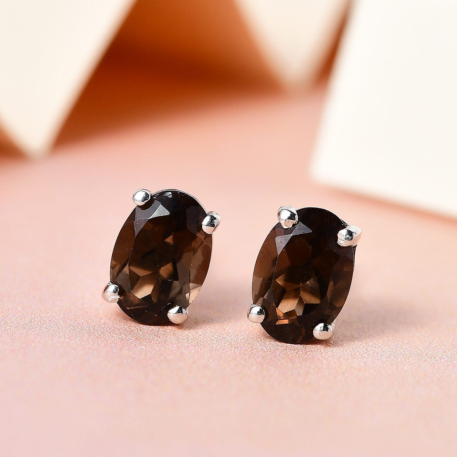 Smoky Quartz Stud Earrings in Platinum Overlay Sterling Silver 1.90 Ct.