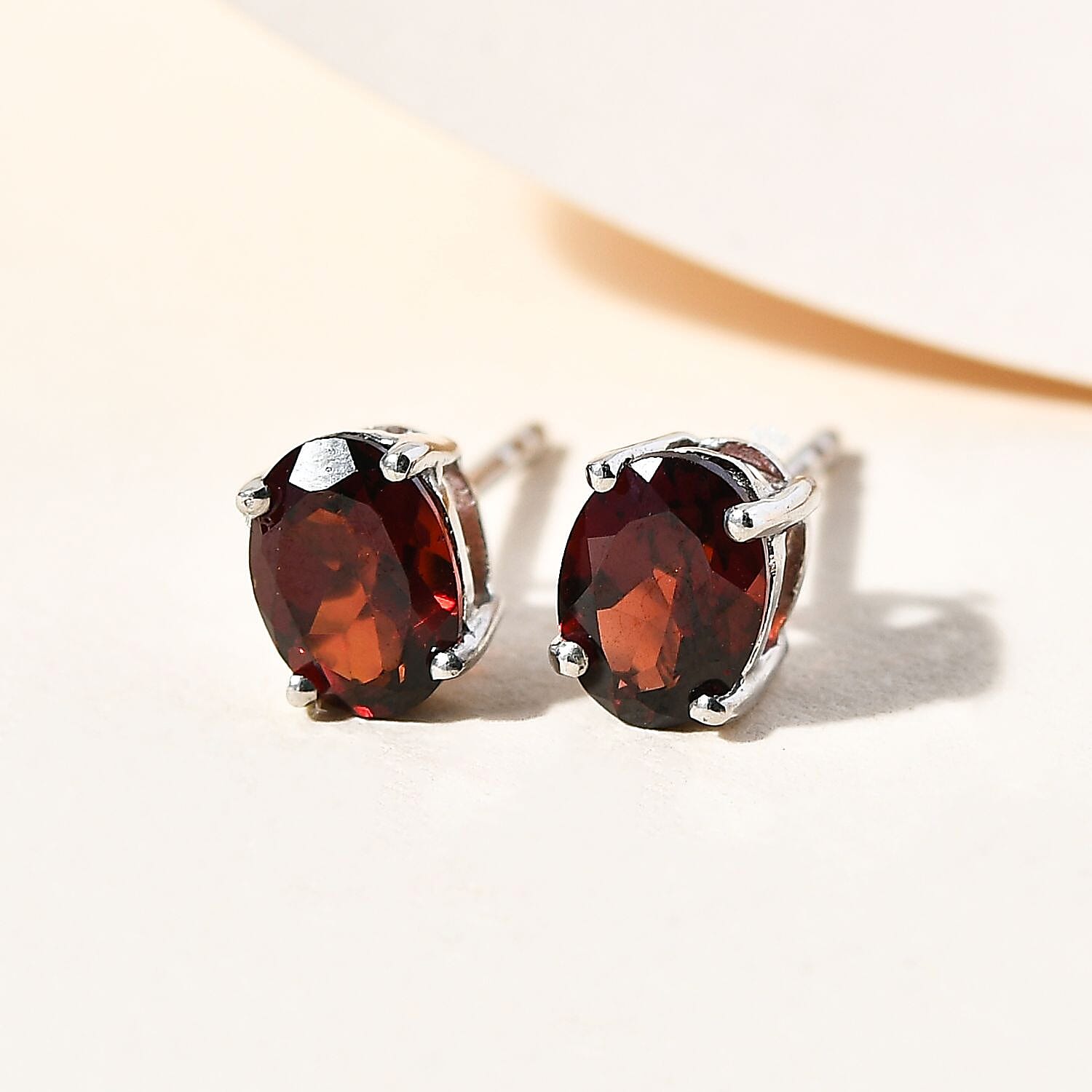 Red Garnet Solitaire Stud Earrings with Push Back in Platinum Overlay Sterling Silver 1.98 Ct.