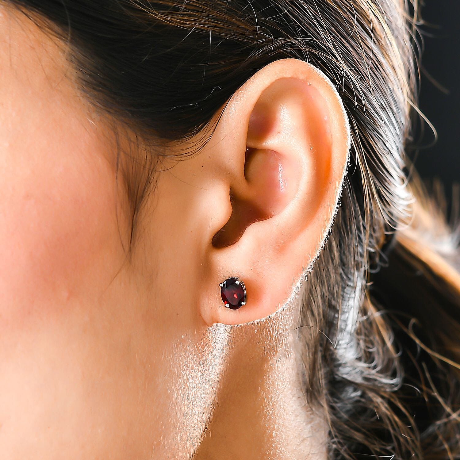 Red Garnet Solitaire Stud Earrings with Push Back in Platinum Overlay Sterling Silver 1.98 Ct.