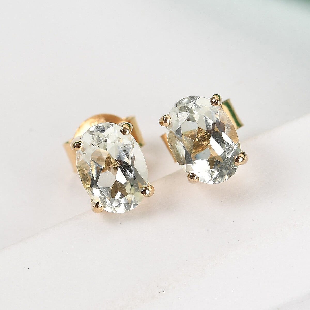 Prasiolite Stud Earrings with Push Back in 18K Vermeil Yellow Gold Plated Sterling Silver 1.47 Ct.