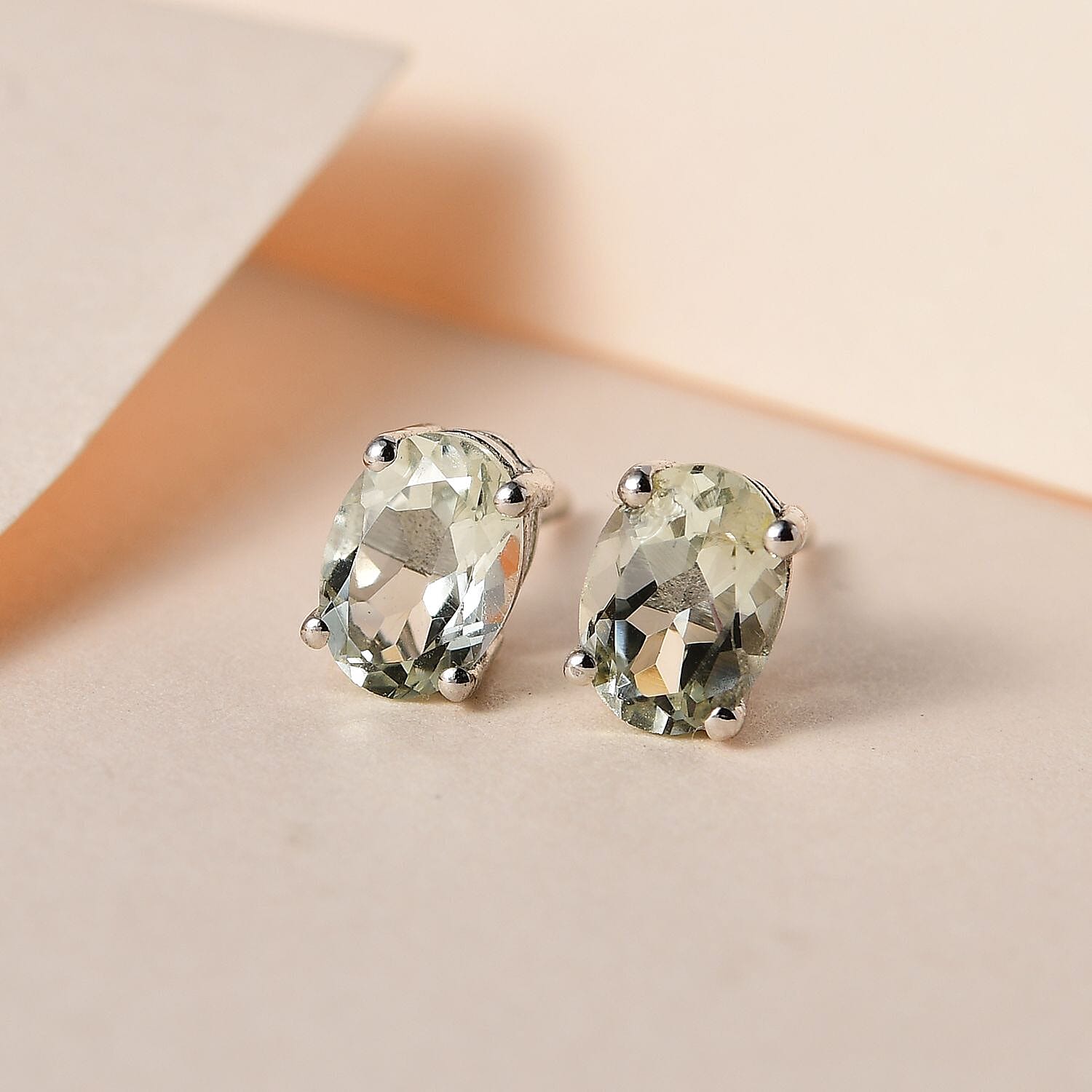 Prasiolite Stud Earrings with Push Back in Platinum Overlay Sterling Silver 1.47 Ct.
