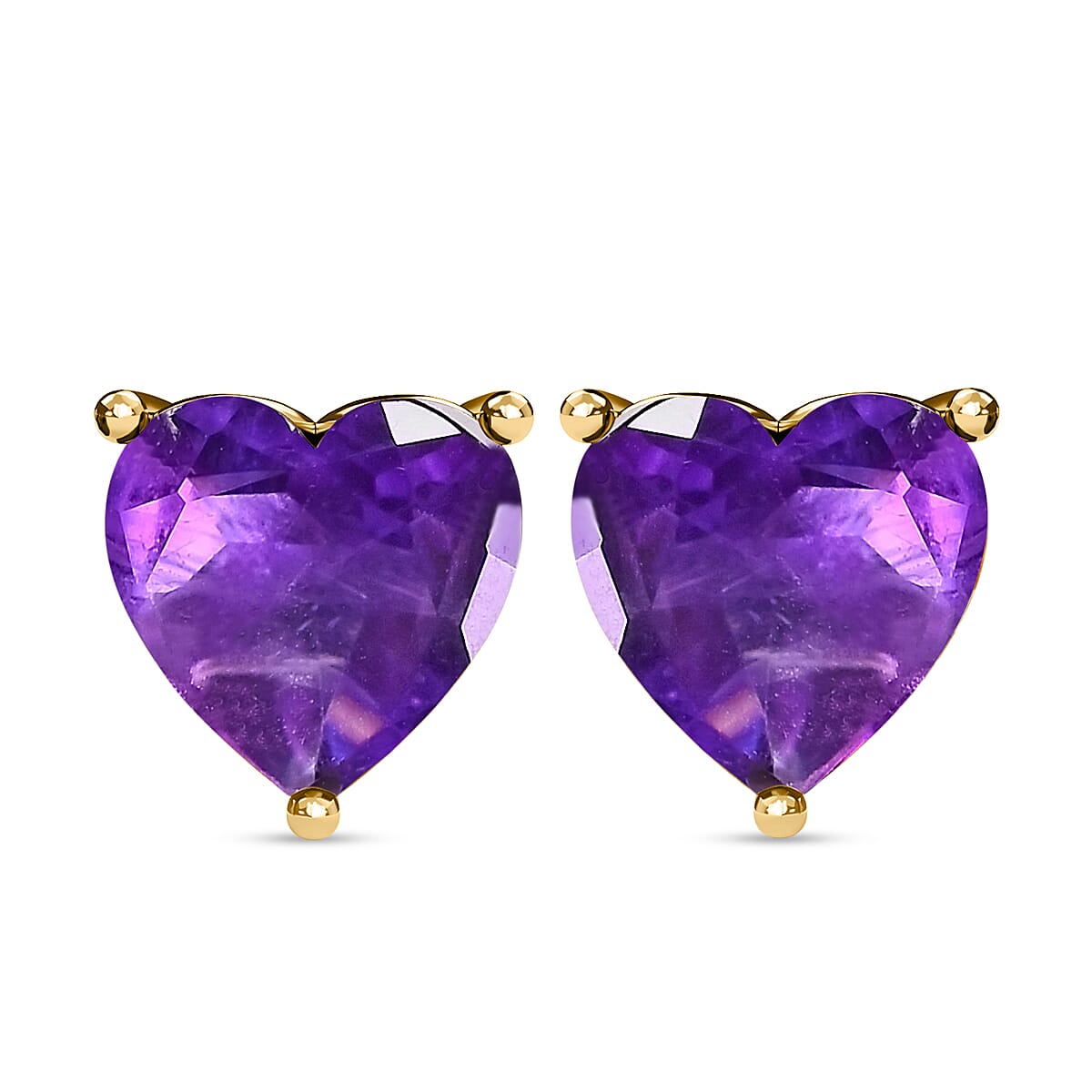 Amethyst Stud Heart Earrings With Push Back in 18K Vermeil Yellow Gold Plated Sterling Silver 1.40 Ct.