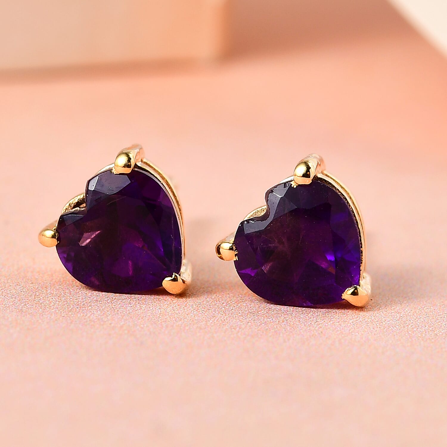 Amethyst Stud Heart Earrings With Push Back in 18K Vermeil Yellow Gold Plated Sterling Silver 1.40 Ct.