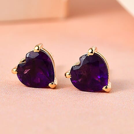 Amethyst Stud Heart Earrings With Push Back in 18K Vermeil Yellow Gold Plated Sterling Silver 1.40 Ct.
