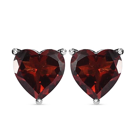 Red Garnet Stud Heart Earrings with Push Back in Platinum Overlay Sterling Silver 1.36 Ct.