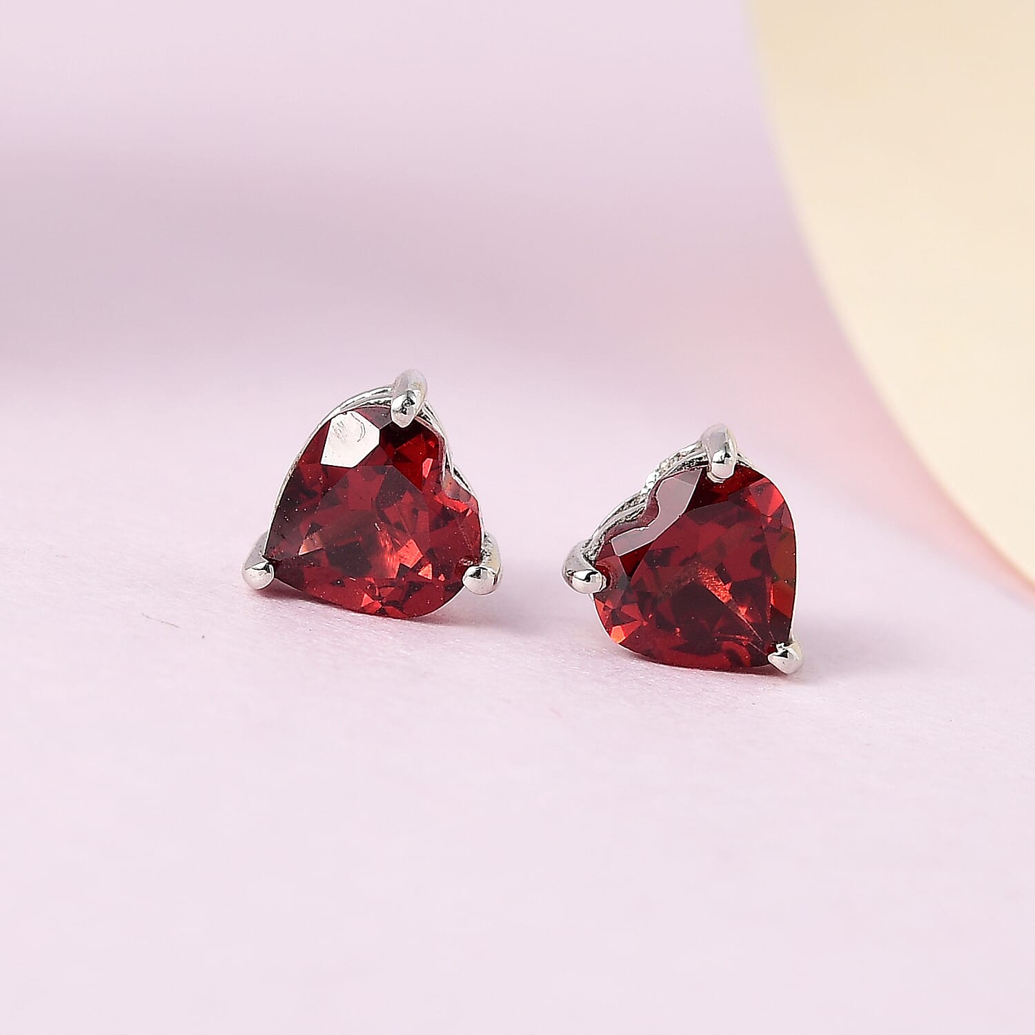 Red Garnet Stud Heart Earrings in Platinum Overlay Sterling Silver 2.06 Ct.