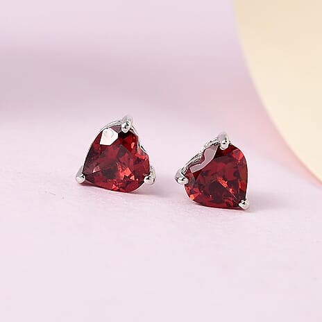 Red Garnet Stud Heart Earrings with Push Back in Platinum Overlay Sterling Silver 1.36 Ct.
