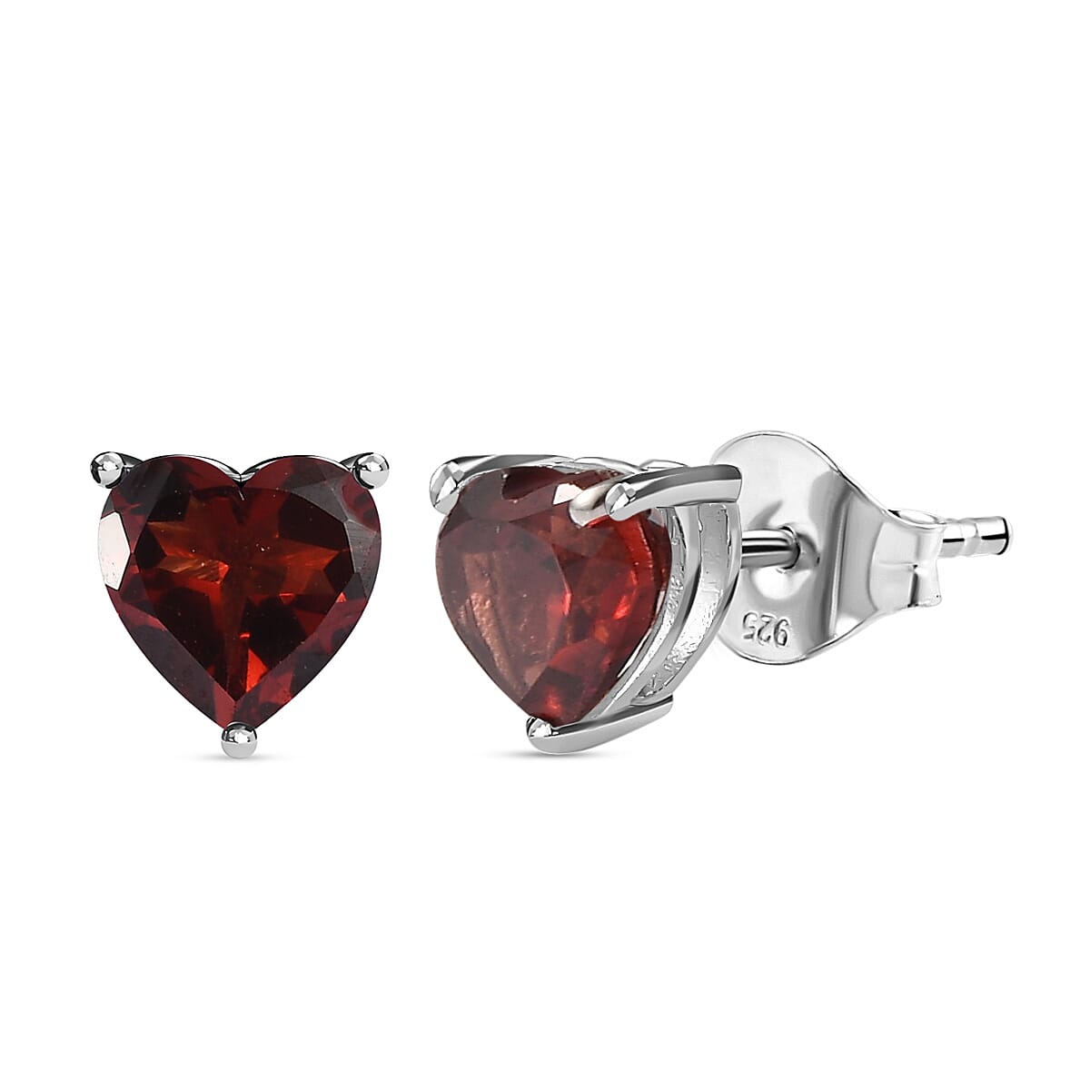 Red Garnet Stud Heart Earrings in Platinum Overlay Sterling Silver 2.06 Ct.
