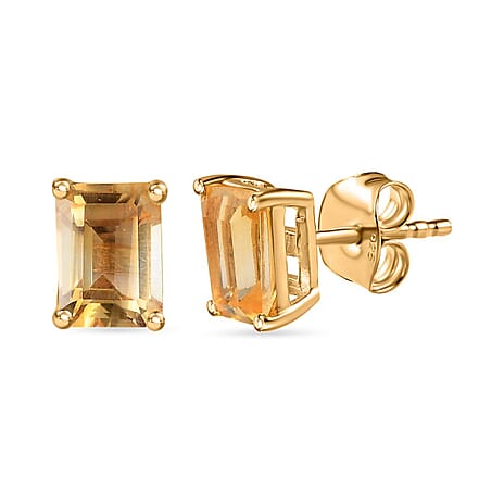 Citrine Stud Earrings in 18K Vermeil Yellow Gold Plated Sterling Silver 1.86 Ct.