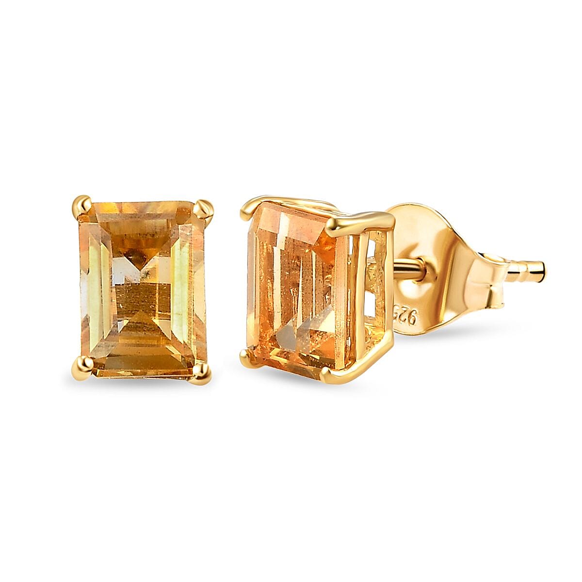 Citrine Stud Earrings in 18K Vermeil Yellow Gold Plated Sterling Silver 1.86 Ct.