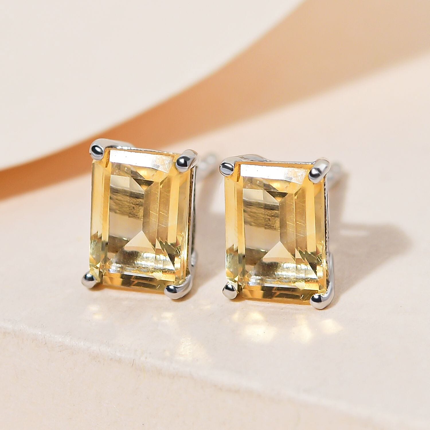 Citrine Stud Earrings with Push Back in Platinum Overlay Sterling Silver 1.95 Ct.