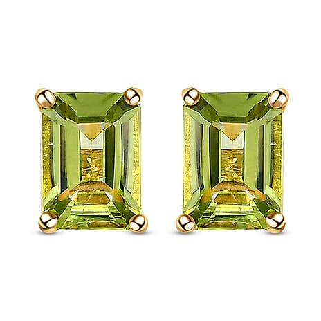 Hebei Peridot Solitaire Stud Earrings with Push Back in 18K Vermeil Yellow Gold Plated Sterling Silver 2.02 Ct.