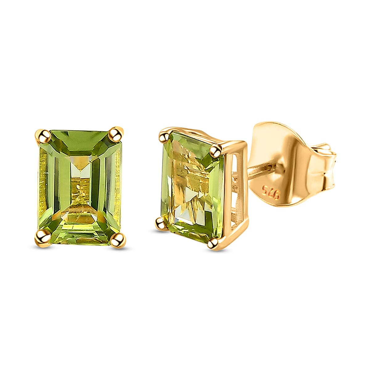 Hebei Peridot Solitaire Stud Earrings with Push Back in 18K Vermeil Yellow Gold Plated Sterling Silver 2.02 Ct.