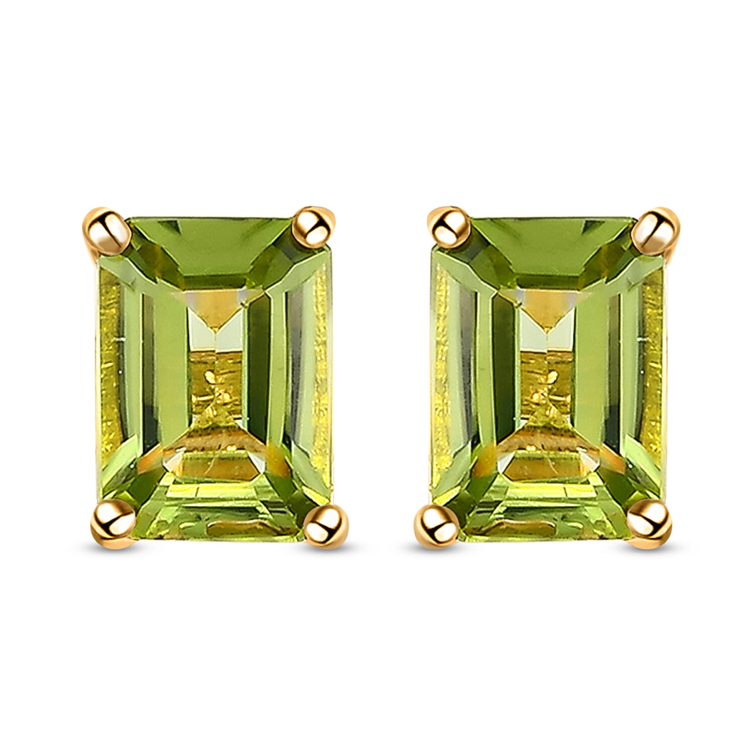 Hebei Peridot Solitaire Stud Earrings with Push Back in 18K Vermeil Yellow Gold Plated Sterling Silver 2.02 Ct.