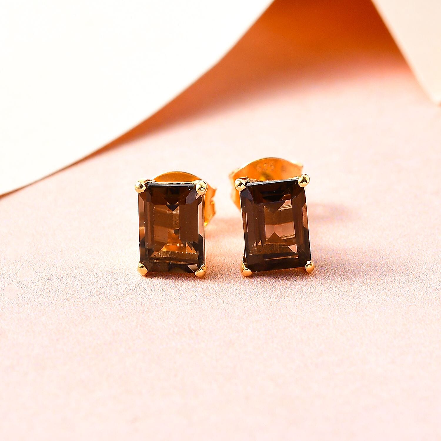 Smoky Quartz Stud Earrings With Push Back in 18K Vermeil Yellow Gold Plated Sterling Silver 1.83 Ct